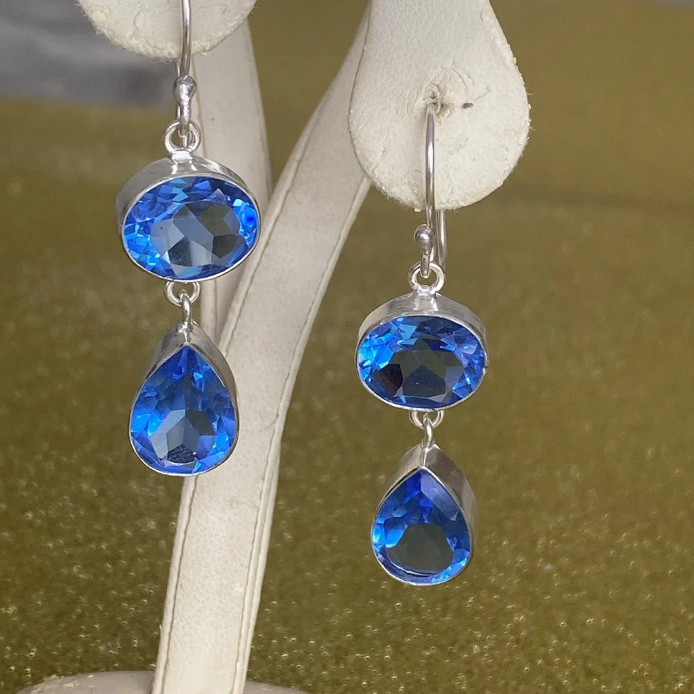 Sterling Silver 925 Blue Tanzanite Double Drop Earrings 4.5cm - Picture 6 of 8
